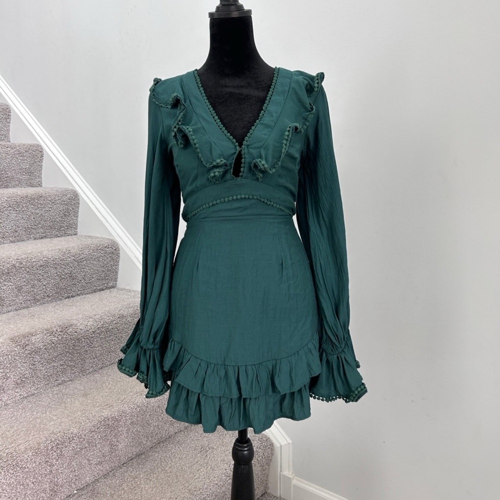 MABEL - Elegant Teal Midi Backless Dress with Ruffle Details